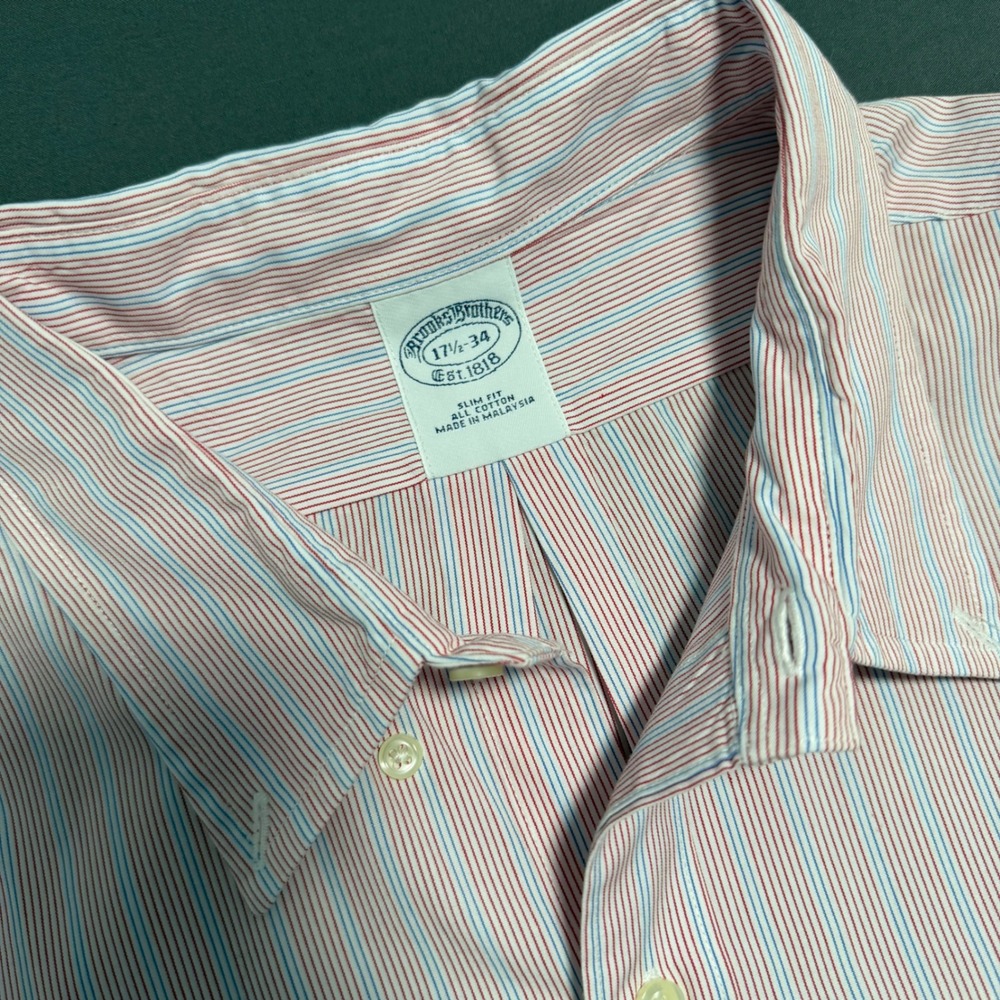 Brooks Brothers Shirt Mens 17.5-34 Red Blue Striped Slim Fit